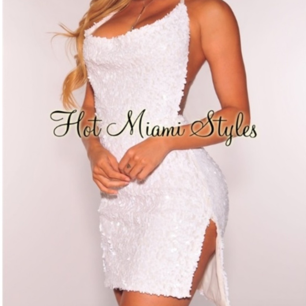 HMS White Backless Sequin Cowl Neck Dress
